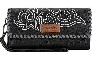 Montana West X Wrangler Western Wallets for Women Trifold Wristlet Wallets Large Capacity Women Clutch Wallet with Coin Purse, Embroidery-thread Black