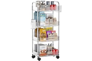 WASJOYE Carrito utilitario de 4 Niveles con asa, Carrito de Almacenamiento móvil con Ruedas, Carrito de Almacenamiento Multifuncional Desmontable para Cocina, Oficina, baño, lavandería, Maquillaje