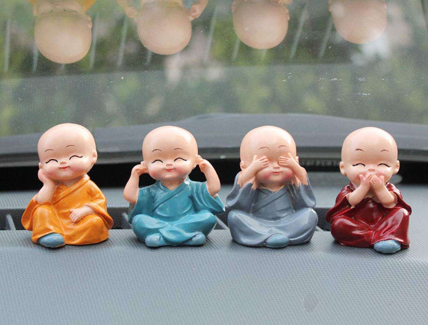 GS Grow n Shine Car Dashboard Accessories Set of 4 Handcrafted Miniature Decorative Buddha Monk Figurines Polystone Showpiece for car dashboard in Multicolor