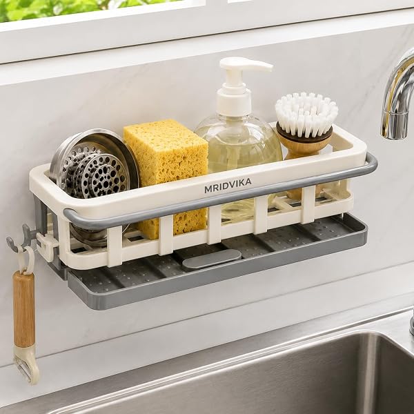 Kitchen Sponge Holder for Sink, Wall Mounted Sink Caddy Organizer with Drain Tray, Dish Brush Holder, Soap Dispenser Stand & Hooks, Multipurpose Kitchen Storage