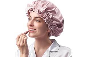 ‎UMISLEEP Umisleep 22 Momme 100% Maulbeerseide Seidenhaube zum Schlafen mit Rüschen – Doppelseitig, Weich & Atmungsaktiv, Verstellbares Breites Band für Lockiges Haar, Rosa