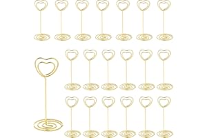 LAHVIUU Table Number Holders, 20 Pcs Heart Place Card Holders Picture Stand Table Name Card Holder Clips Food Cards Label, for Centerpieces Weddings Party Birthday Decorations Office Memo, Gold 35x85mm