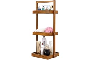 Utoplike Regał prysznicowy z drewna tekowego, stojący organizer prysznicowy do narożnika łazienki, drewniane, wolnostojące stojaki, do przechowywania pod prysznic, wannę, biuro, stojący, 3-poziomowa