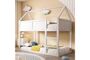 Moimhear Litera infantil, 90 x 200 cm, cama individual baja, cama alta con escalera, marco de madera maciza (blanco)