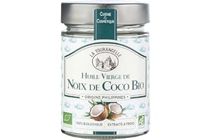 La Tourangelle, Huile Vierge de Noix de Coco 100% Bio de première pression à froid. Idéale en cuisine (donne un doux parfum exotique à vos recettes) et en cosmétique (cheveux et peau) - 314ml