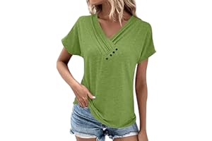TIMEMEAN Top Femme,T-Shirt D'Été pour Femmes Tunique à Manches Courtes avec Col en V Et Boutons Chemisier De Base Habillé Et Décontracté De Couleur Unie