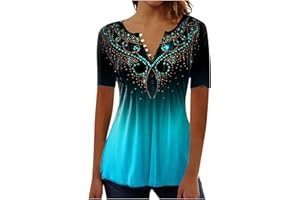 YOLOKE 2023 Summer Short Sleeve Tops for Women UK Trendy Casual Floral Graphic Shirts Tunic Blouses Plus Size Crew Neck Boho Henley Tees