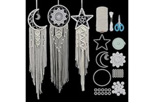 FREEBLOSS 3 Set Kit de Lune Et d’Étoile Macramé Chasseur de Rêve avec des Instructions Vidéo Accrochage Mural De Macramé Boho Art Mural Décoration Murale De Macramé pour Les Débutants