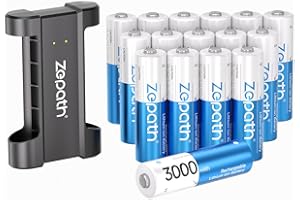 Zepath 16 x AA Rechargeable Lithium Batteries With 2 Slot Charger, High Capacity 3000mAh Lithium AA Battery 1.5V Constant Output 1600 Cycles, Rechargeable Battery Charger Fast Charging