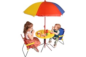 Relsy Kids Patio Set Multicoloured Outdoor Table And Chair Set - 2 X Folding Chair, Collapsible Picnic Table, Folding Umbrella - 4 Piece Garden Furniture Set For Children