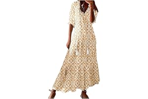 ZEIAYUAS Women's Summer Dress V Neck Boho Maxi Dresses Casual Half Sleeve Long Dress Bohemian Pleated Beach Dress Ladies Flowy Holiday Swing Loose Fit Dresses for Party Evening