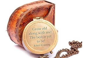 THOR INSTRUMENTS Grow Old with ME Engraved Brass Nautical Compass ON Chain with Leather CASE, Directional Magnetic Compass Rustic Vintage Home Decor Gifts