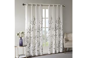 Madison Park Cecily Semi Sheer Single Panel Window Curtain Burnout Botanical Print, Easy to Hang, Fits up to 1.25" Diameter Rod, 50" x 95", Leaves Grey