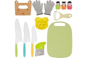 LIPJISL 13-teiliges Kindermesser Kinder Küchenmesser Set zum Schneiden und Kochen inklusive Holzmesser Schneidebrett Schäler Kinderhandschuhe Gemüse Ausstechformen (Kätzchen)