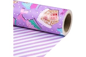 RUSPEPA Rollo De Papel De Regalo Navideño Reversible Para Niñas, Mini Rollo, Con Galletas De Jengibre Moradas, Bastones De Caramelo Y Rayas Blancas Moradas, Ideal Para Regalos Navideños,43,2 Cm X 5 M