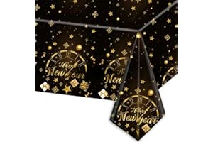 COSORO Tovaglia Plastica Rettangolare per Capodanno,137*274cm Tovaglia Antimacchia Impermeabile Grande Tovaglie per Festa Nero Oro,Decorazione Desktop per Festa di Capodanno Interni Esterni Giardino