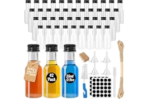 Furuising 42 Stück Mini Fläschchen Likörflaschen, 25ml Kleine Flaschen zum Befüllen Kunststoff, Wiederverwendbar Schnapsflaschen zum Befüllen mit Deckel, Stift, Anhänger, Trichter für Hochzeiten Party