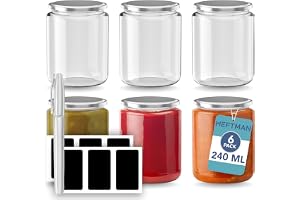 HEFTMAN Glasburkar med lock – 6-pack 240 ml återanvändbara, klara syltburkar med silver lufttäta lock, etiketter och pennor