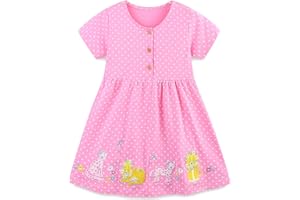 Langubaby Robe d'été pour Fille Coton Boutons ou Fleur Manches Courtes Style Détendu Vetement Enfants de 1-7 Ans