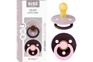 BIBS Colour Studio Ciuccio confezione da 2 pezzi. Privo di BPA, Tettarella tonda. Lattice di gomma naturale, Prodotto in Danimarca, Taglia 1 (0-6 mesi) - Dusky Lilac/Plum