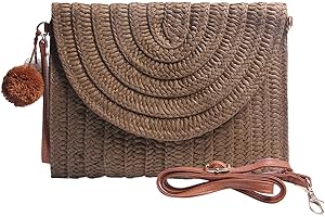 Syrads Bolso de mano de paja de noche para mujer Bolso de playa de verano Bolso de sobre tejido de paja