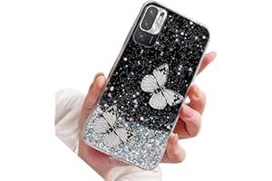 RNRIEYTA Miagon Crystal Glitzer Hülle für Xiaomi Redmi Note 10 5G,Süß Bling Klar Handyhülle Durchsichtig Sparkle Sterne Case Cover Slim Dünn Schutzhülle,2 Schmetterling Schwarz