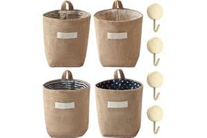 USHXVG 4 Pieces Mini Burlap Bags, 4 Pieces Hooks, Storage Wall Hanging Bag, Door Storage Bag, Bedside Storage Pocket, Foldable Storage Basket