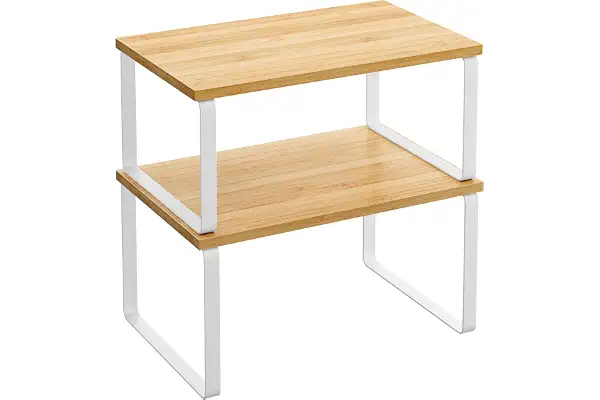 SONGMICS Estante para Especias, Juego de 2, Organizador de Armario, Estante de Almacenamiento de Cocina Extensible, Especiero de Metal y Madera de Ingeniería, Blanco Nube y Beige Natural KCS02NW