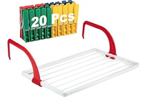 KINGNET Tendedero Balcón para Secado de Ropa en Barandilla, Ventana o Balcón, Tendedero Colgante Plegable, Superficie de tendido 3 m, Uso Interior y Exterior con 20 Pinzas Incluido (M)