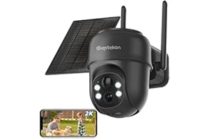 Septekon 2K Solar Security Cameras Wireless Outdoor, 360°PTZ Battery Powered Outdoor Camera, 2.4G WiFi Camera with Spotlight Color Night Vision, Motion Sensor Alarm, IP66-Black
