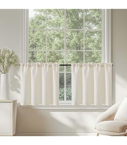 TOPICK Glasgordijnen, vitrage, linnen, bistrogordijnen, vlas, halftransparant, lichtfiltering, modern, voor woonkamer of keuken, landelijke stijl, kleine ramen, set van 2, 65 x 90 cm, olijfkleurig