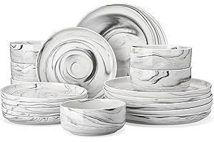 MALACASA Série LUNA Service de Table 18 Pièces en Porcelaine Marbre Gris pour 6 Personnes avec Assiettes Plates, Assiettes à Dessert, Bols à Céréales, Service de Vaisselle Rond