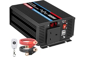 JIGUUN 600W Pure Sine Wave Inverter 12V to 240V 230V car converter 1200W peak with LED Display,1 AC UK Outlets and 2 USB port-Wireless remote control-for RVs,trucks,camping,emergencies,etc.