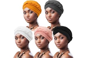 DRESHOW 5 Stücke Afrikanischer Damen Turban Geflecht Kopfbedeckung Kopftücher Chemo Kappe Vorgebunden Beanie Mütze Kopfwickel Schlafmütze