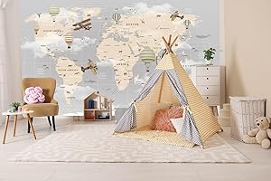 MWSSEGGE Papier Peint Enfant Monde Carte Animal, Planes Et Ballons, Océan, Continent Décoration Murale Poster Papier Peint Pour Enfant Chambre Garcon Fille Ado (250x175 cm,B)