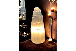 vingardium leviosa Pure Selenite Crystal Natural Light Mountain Tower Lamp Handmade Natural Energy Healing Clarity and Meditation Lamp Home Decoration TableLamp Mineral Christmas Occasion Gift (25cm)