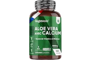 WEIGHTWORLD Aloe Vera Extra Fort à 20000mg + Calcium Pour Enzyme Digestives– 180 Gélules / 3 Mois Vegan - Fraîcheur, Source de Vitamines et Minéraux, A, C, E, B, Choline, Fer & Zinc Fabriqué au Royaume-Uni