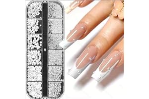 DREAM AURORA 3D Nail Art Charms - 12Grid Rhinestones, Semicircular Pearl Balls, Small Stainless Steel Beads, Caviar & White Flatback Crystal Beads for Acrylic Nail Decorations
