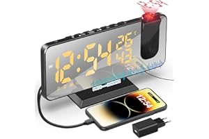 TAKRINK budzik cyfrowy, radiobudzik, budzik projekcyjny z 4 poziomami jasności ekranu, z wyświetlaniem temperatury, zegar z projekcją, podwójny alarm, Port USB 12/24 h
