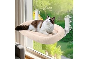 GUUSII HOME Hamac Chat Fenetre Panier Suspendu et Perchoir pour Grande Chats Lit Etagere de Fenêtre Pliable Transat Facile à Monter Housse Lavable en Machine avec Ventouses Support 18kg (Champagne, M)