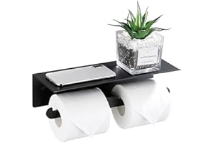 DUFU Porte Papier Toilette Mural Aluminium Double Support Hygiénique Rouleau avec Plateforme de Rangement sans Perçage avec Protection de Bord et Anti-Chute pour Salle de Bain WC Noir