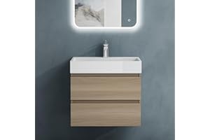 ‎DOPORRO doporro Badmöbel-Set Waschtisch mit Unterschrank Waschbeckenunterschrank BTH: 60x38x56 cm inkl. Waschbecken und Ablaufgarnitur Hell Eiche Wandmontage