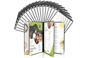 WenYa Lot de 20 couvertures de menu A4, 4 pages, 8 vues de style café, bordure noire, couverture transparente pour menu du vin avec protections d'angle en métal, compatible avec du papier format A4