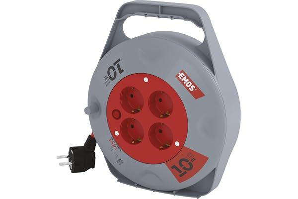 EMOS – minikabeltrumma 10 m – 4 Schuko-uttag – 230 V, 10 A, 2 300 W – högkvalitativ PVC-isolering – H05VV-F3G 1,0 mm2 – med termobrytare – IP20 för inomhusbruk