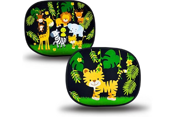 HECKBO 2x Pare-soleil autoadhésif - protection solaire pour enfants bébé - Jungle Tigre Animaux Safari - pare-soleil pour vitres de voiture - 44x36cm - pare-soleil auto y compris sacoche - universelle