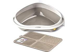CAT CENTRE Grey XL Jumbo Corner Cat Litter Tray + Grey Nonslip Mat Set Box Loo Toilet Kitten Pad