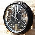 Homezone 40cm Large Black garden clock with thermometer and barometer - Battery Power Operated Quartz Waterproof Weatherproof Garden Clock - Black Indoor or Outdoor Weather Station for Garden Patio