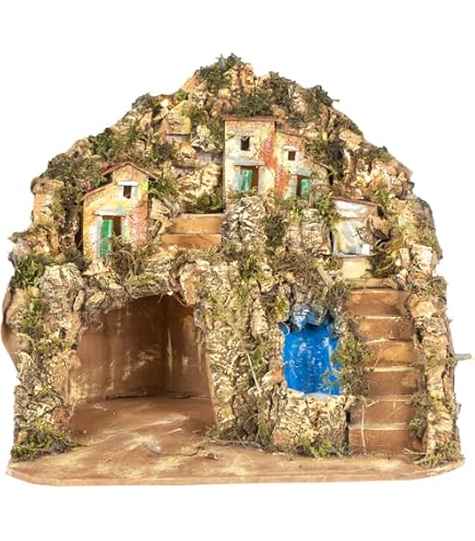 Village Sur Berge De Rivière Pour Crèche De Noël - Décor Miniature Artisanal 12x18x28 Cm - Fabriqué à La Main En Italie