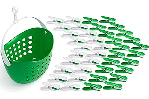 culiclean Clothes Pegs for Washing Line with Basket Strong Soft Grip 40 pcs Soft Clips + 1 Peg Basket, Laundry Pegs classic green white white classic green with Basket classic green Handle white