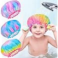 OlyPegic Shower Cap for Kids, 3 Pcs Kids Shower Caps for Girls, Cute Rainbow Hair Cap Wide Elastic Band, Plastic Reusable Waterproof Toddler Shower Cap, Large Bath Cap for Kids Girls Women (Tie Dye)